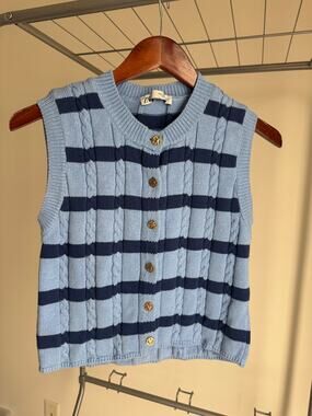 Zara Navy and Light Blue Striped Cable Knit Sweater Vest Gold Button Cardigan S